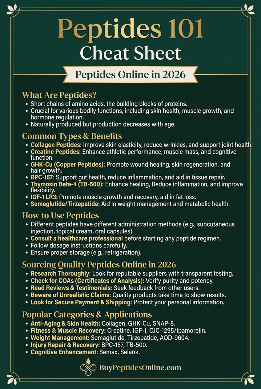 Peptides 101 — Cheat Sheet | Peptides Online in 2026