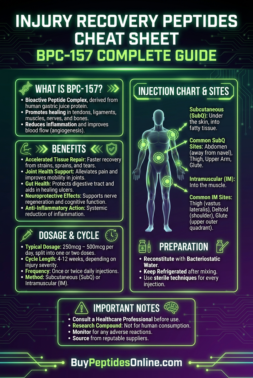 Injury Recovery Peptides — Cheat Sheet | BPC-157 Complete Guide