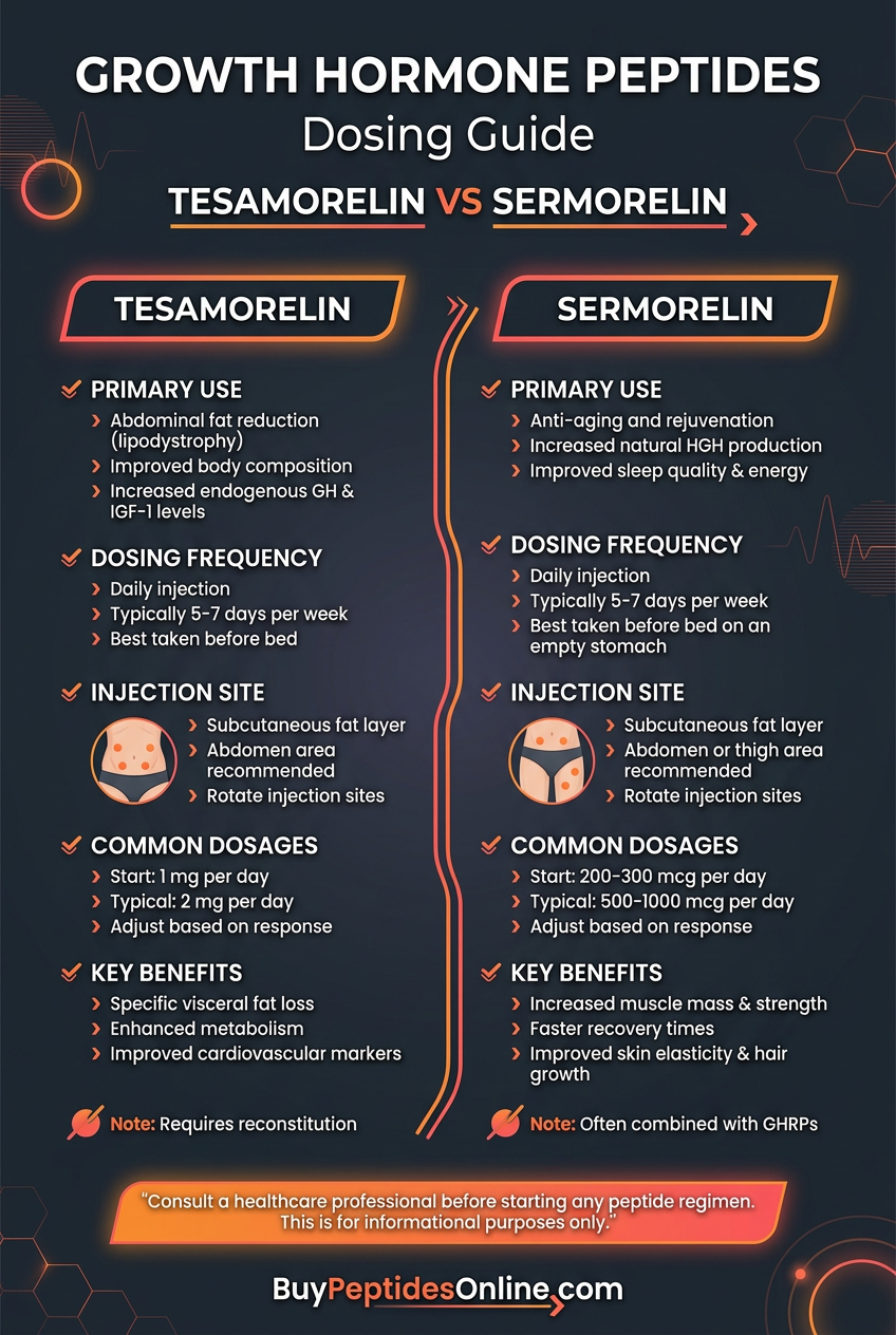 Growth Hormone Peptides — Dosing Guide | Tesamorelin vs Sermorelin