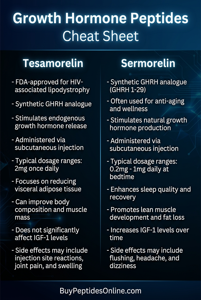 Growth Hormone Peptides — Cheat Sheet | Tesamorelin vs Sermorelin