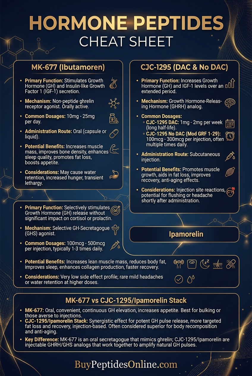 Hormone Peptides — Cheat Sheet | MK-677 vs CJC-1295/Ipamor