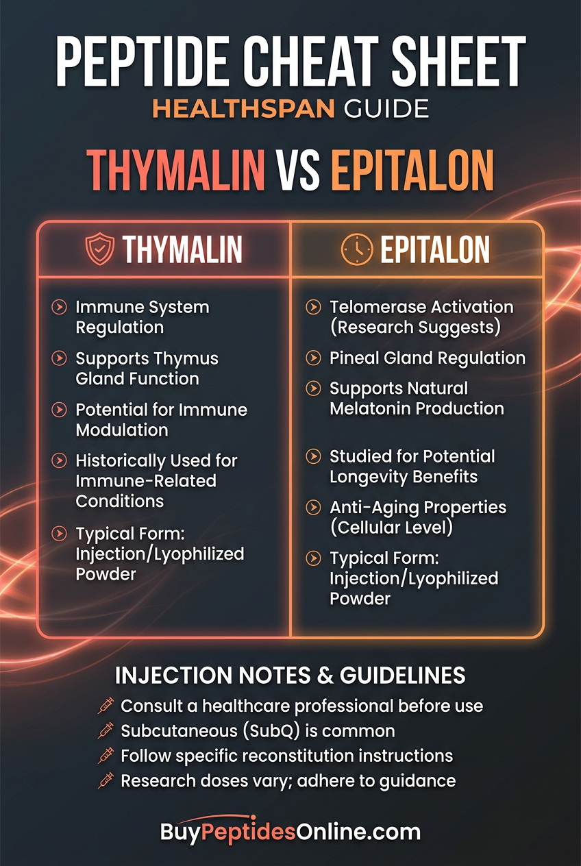 Peptide Cheat Sheet — Healthspan Guide | Thymalin vs Epitalon
