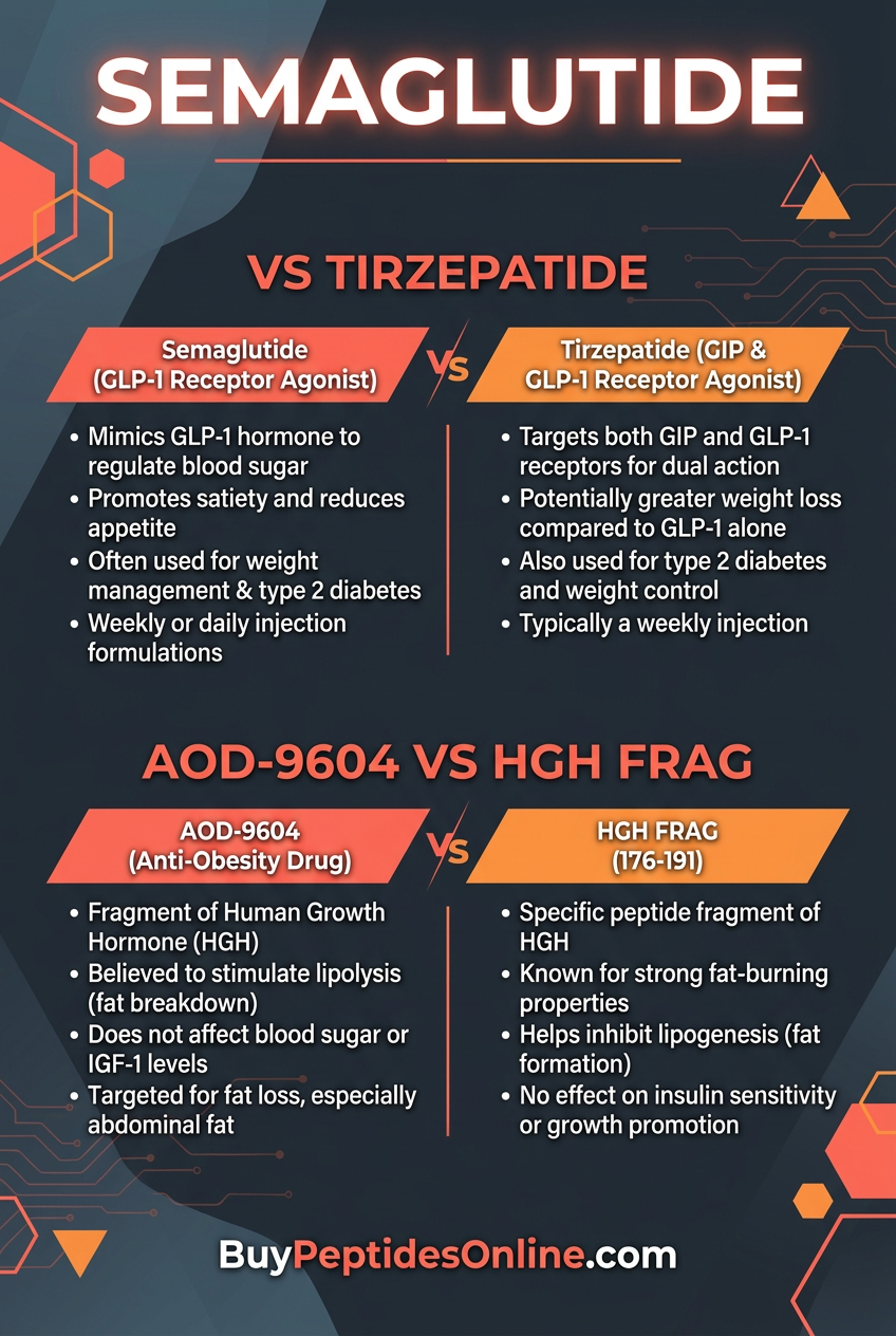 Semaglutide — vs Tirzepatide | AOD-9604 vs HGH Frag
