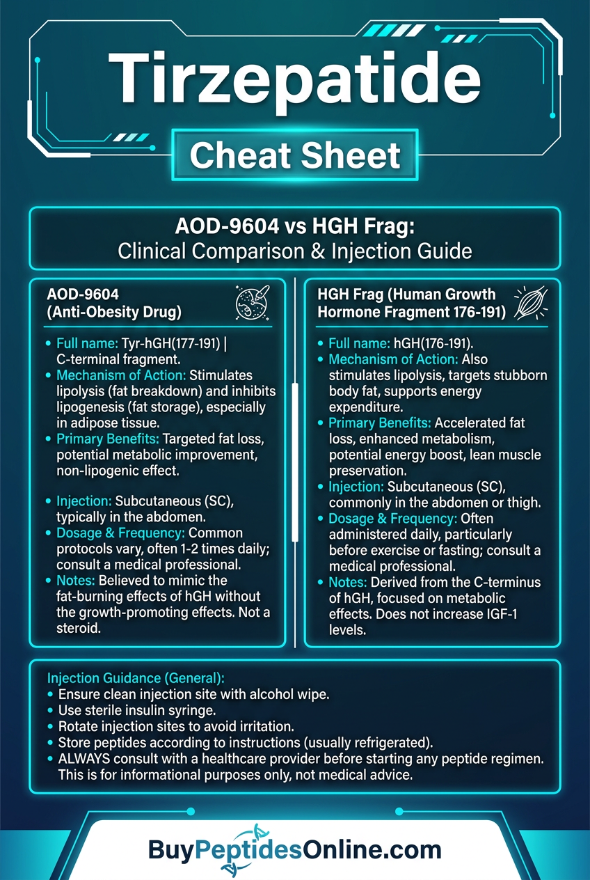 Tirzepatide — Cheat Sheet | AOD-9604 vs HGH Frag