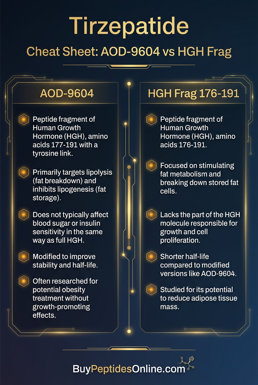 Tirzepatide — Cheat Sheet | AOD-9604 vs HGH Frag