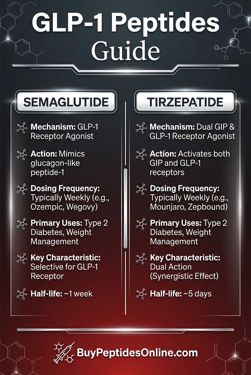 GLP-1 Peptides — Guide 2026 | Semaglutide vs Tirzepatid