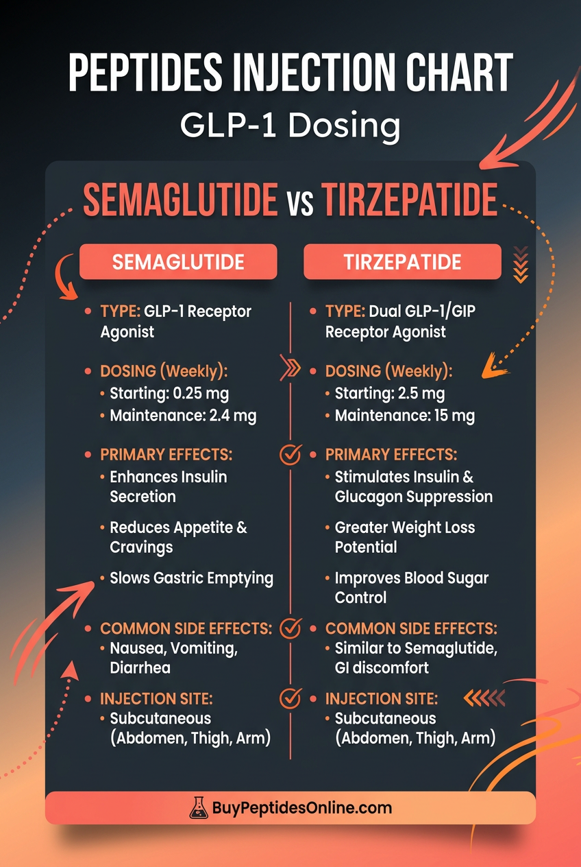 Peptides Injection Chart — GLP-1 Dosing 2026 | Semaglutide vs Tirzepatid