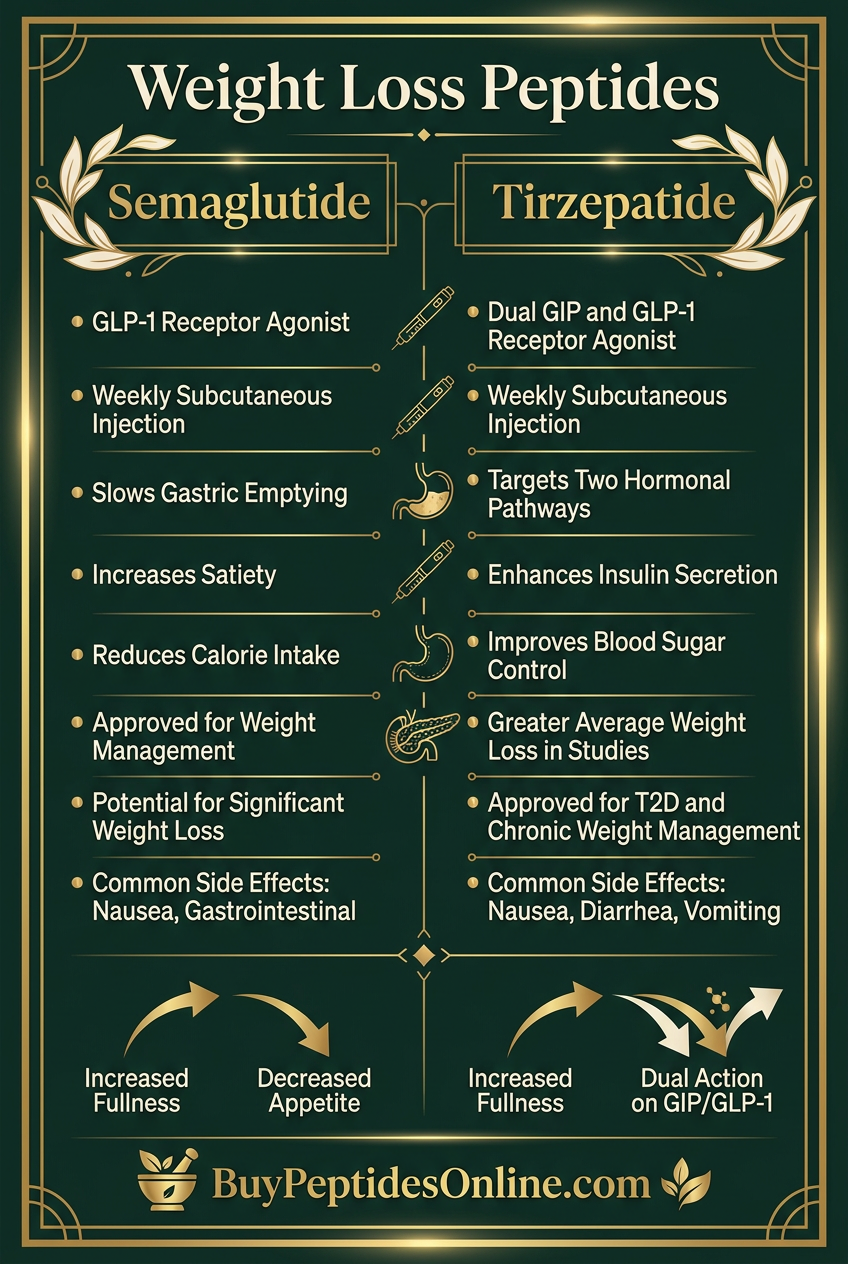 Weight Loss Peptides — Comparison Chart 2026 | Semaglutide vs Tirzepatid
