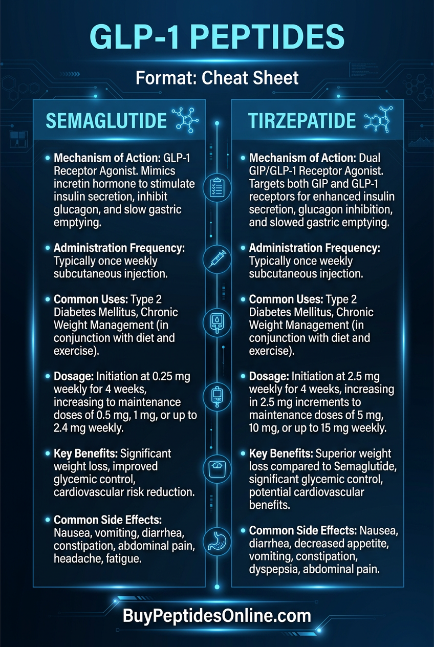 GLP-1 Peptides — Cheat Sheet 2026 | Semaglutide vs Tirzepatid