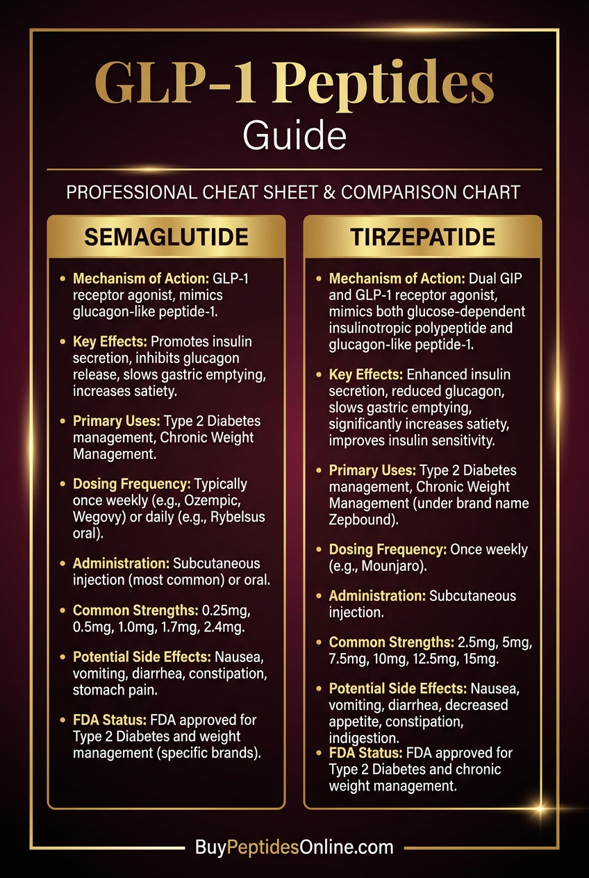 GLP-1 Peptides — Guide 2026 | Semaglutide vs Tirzepatid