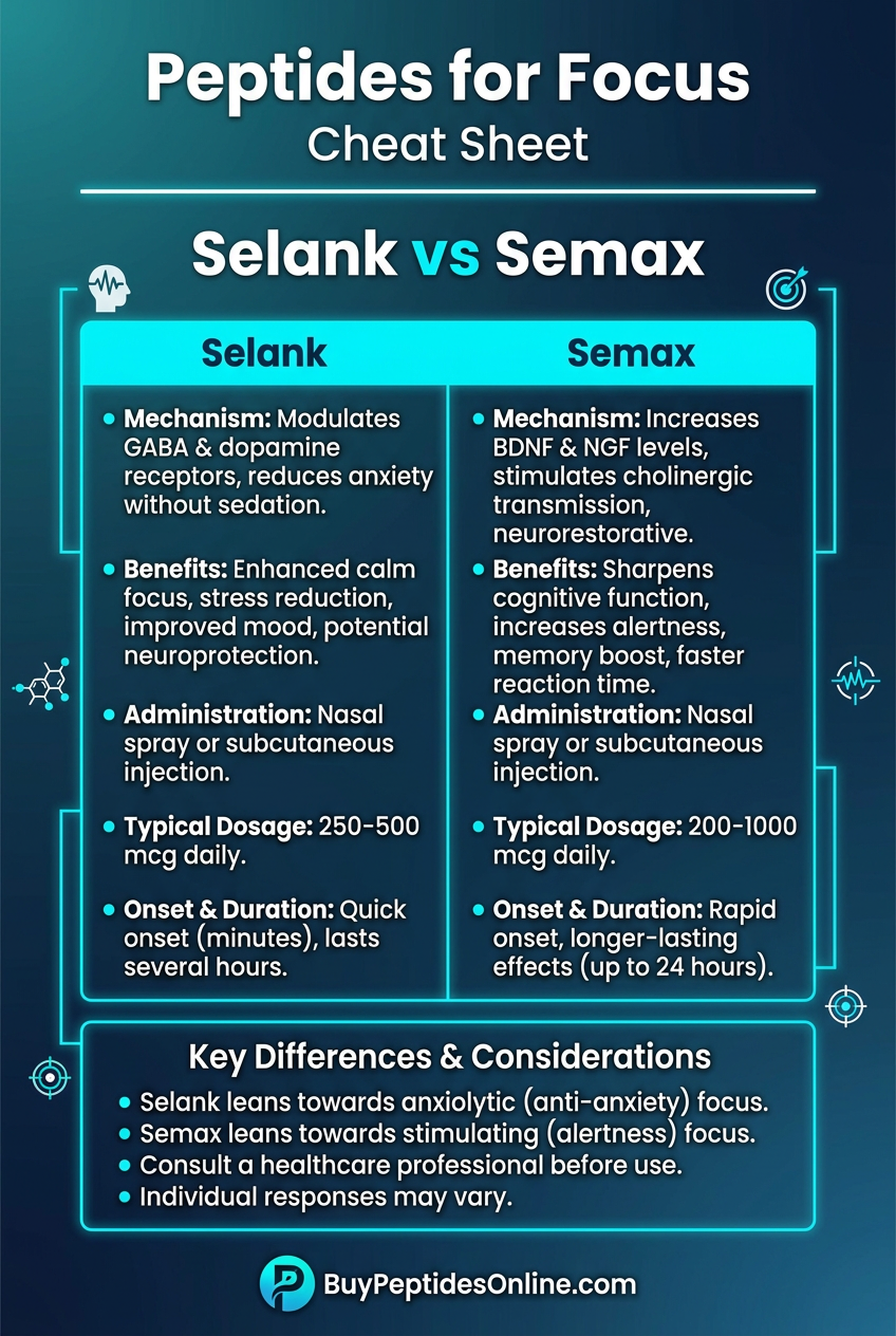 Peptides for Focus — Cheat Sheet | Selank vs Semax