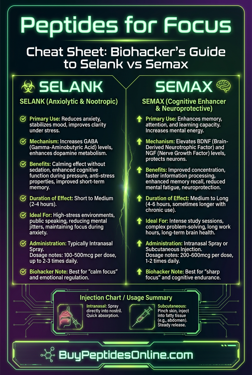 Peptides for Focus — Cheat Sheet | Selank vs Semax