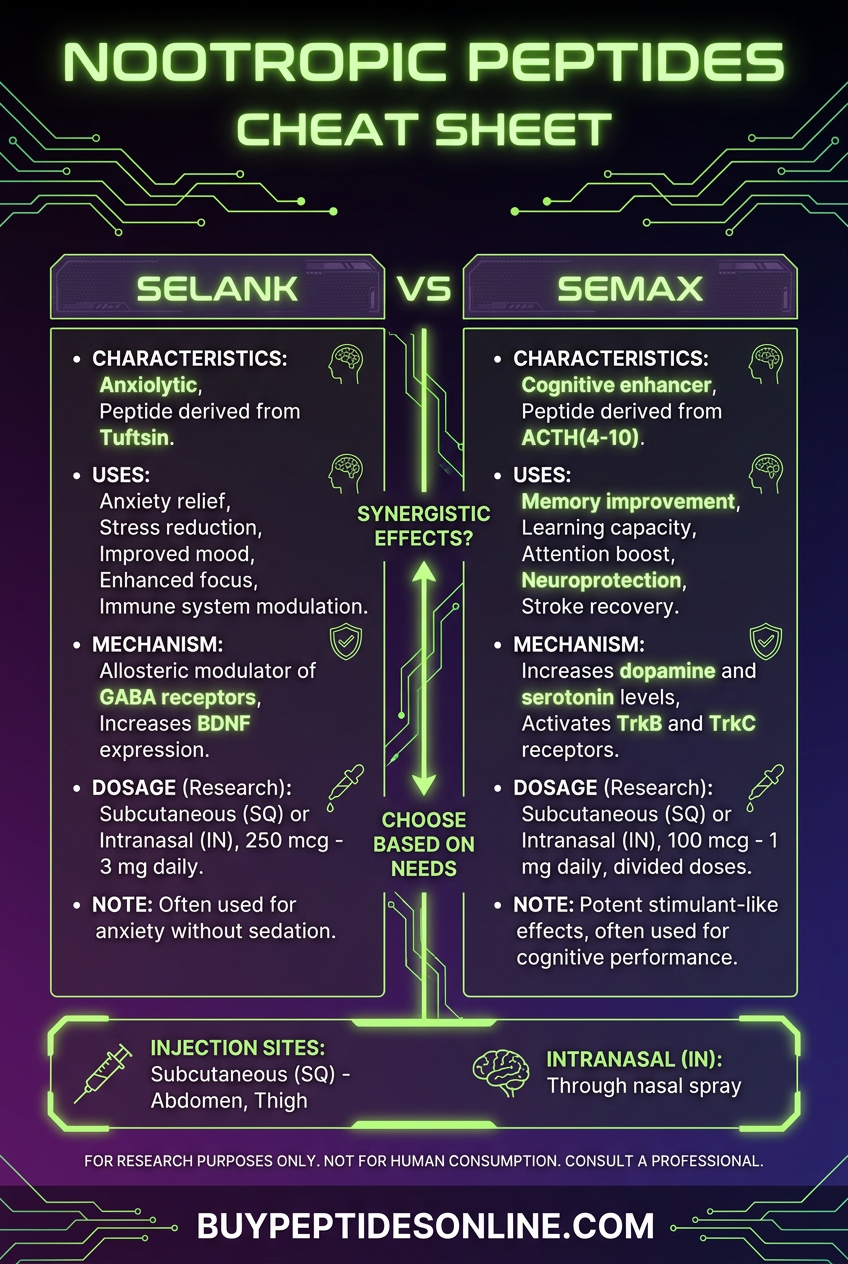 Nootropic Peptides — Cheat Sheet | Selank vs Semax