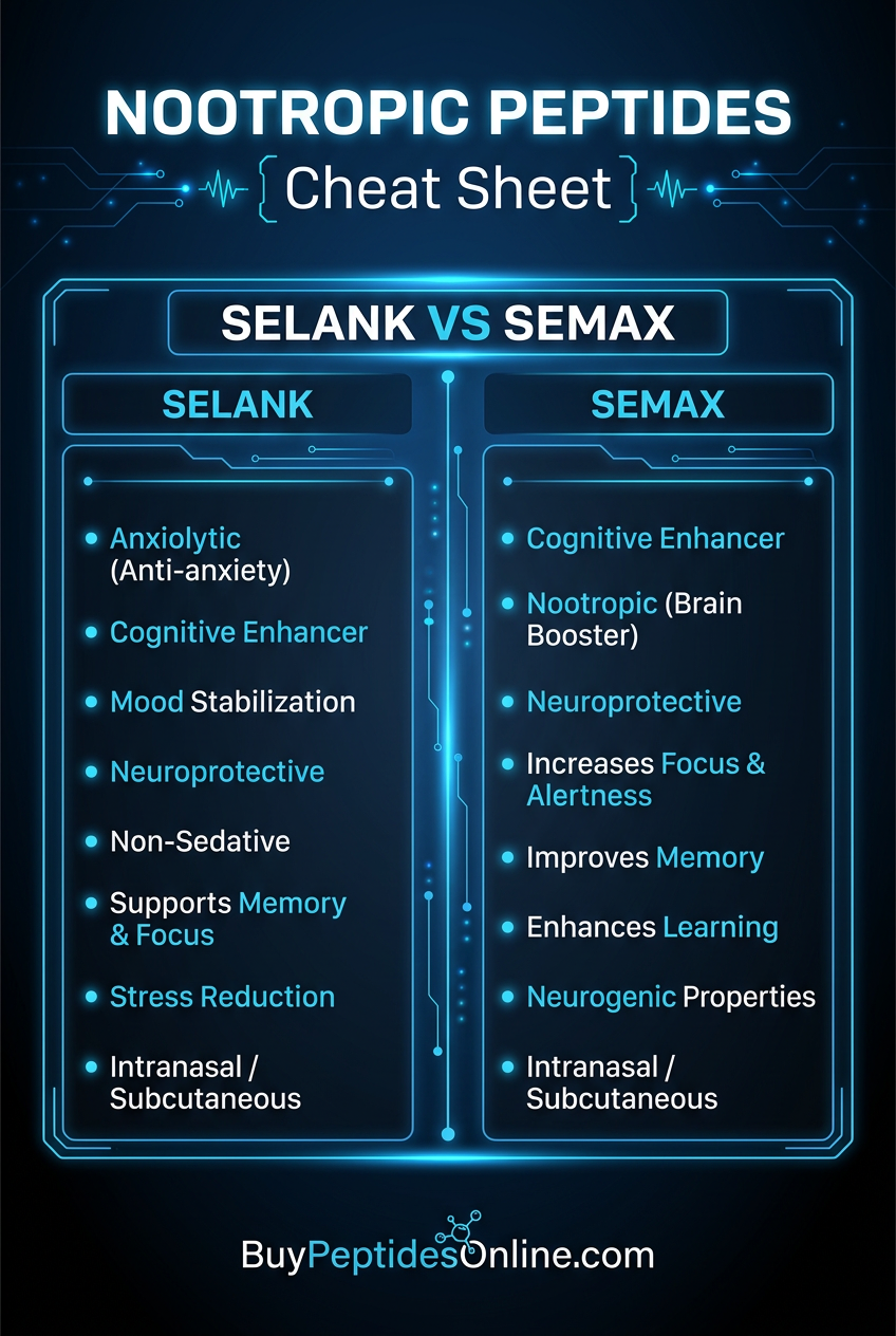Nootropic Peptides — Cheat Sheet | Selank vs Semax