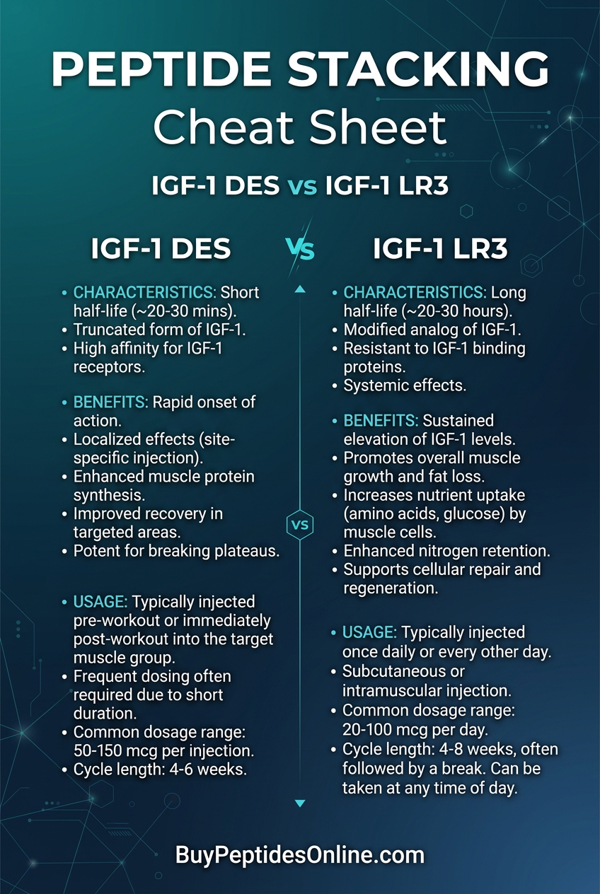 Peptide Stacking — Cheat Sheet | IGF-1 DES vs IGF-1 LR3