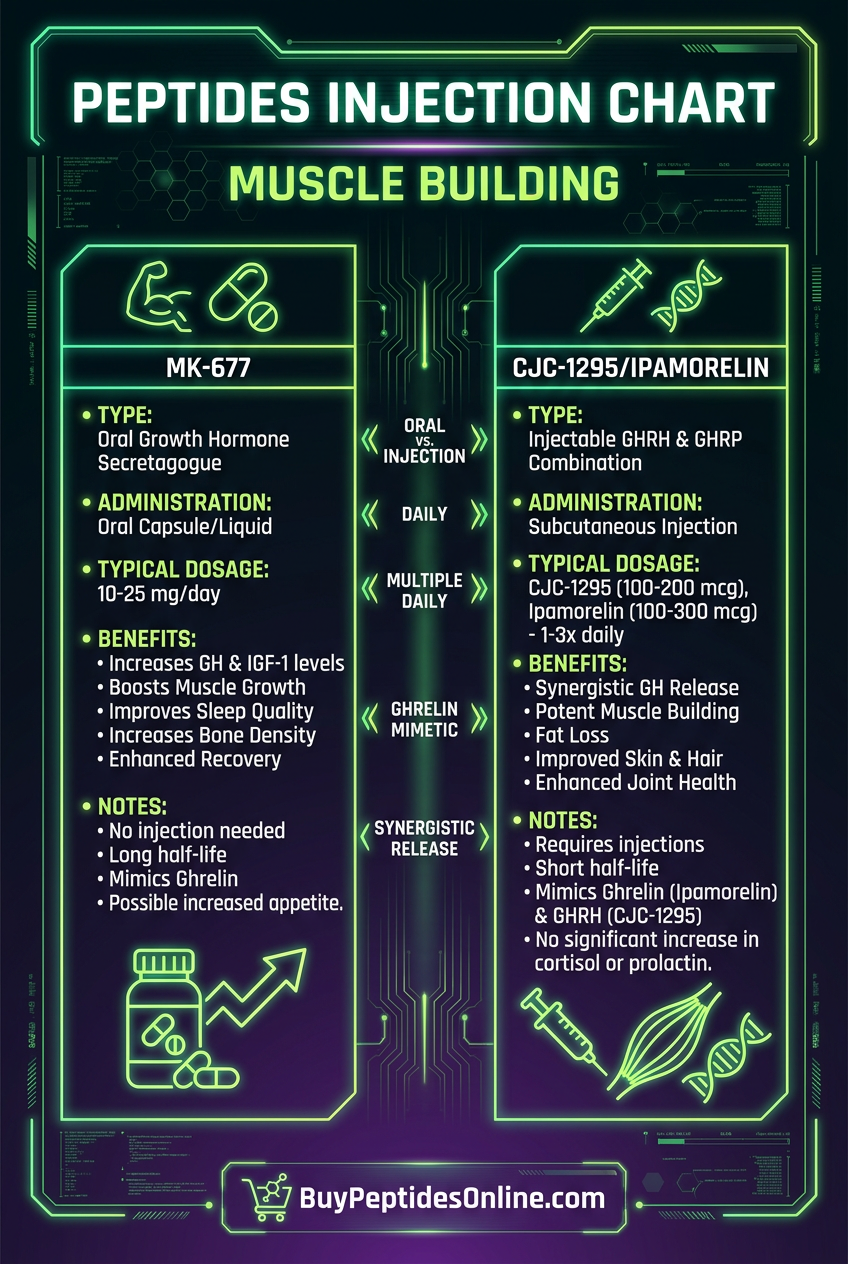 Peptides Injection Chart — Muscle Building | MK-677 vs CJC-1295/Ipamor