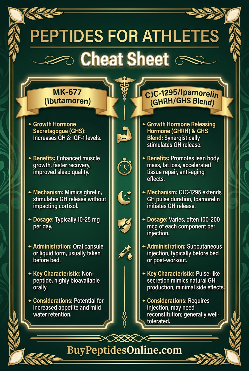 Peptides for Athletes — Cheat Sheet | MK-677 vs CJC-1295/Ipamor