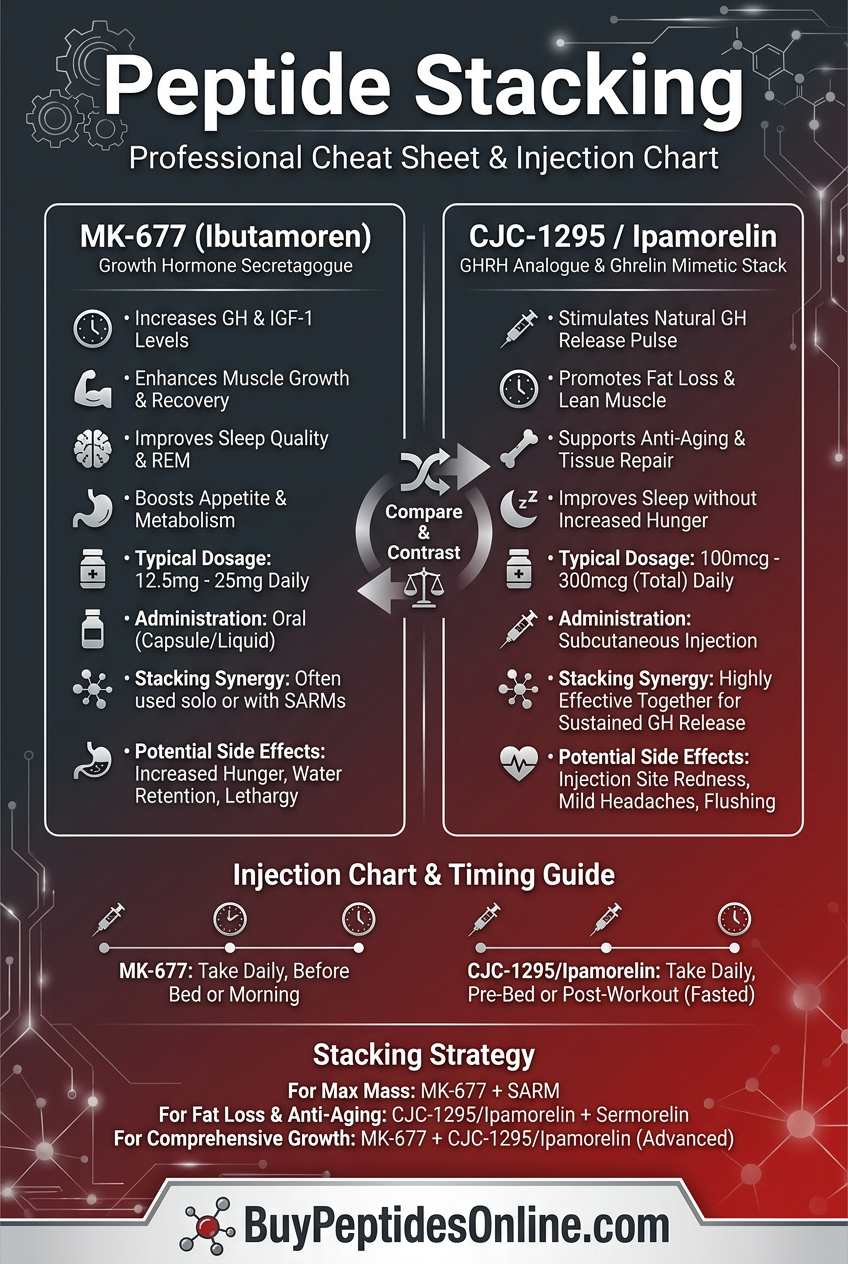 Peptide Stacking — Guide | MK-677 vs CJC-1295/Ipamor