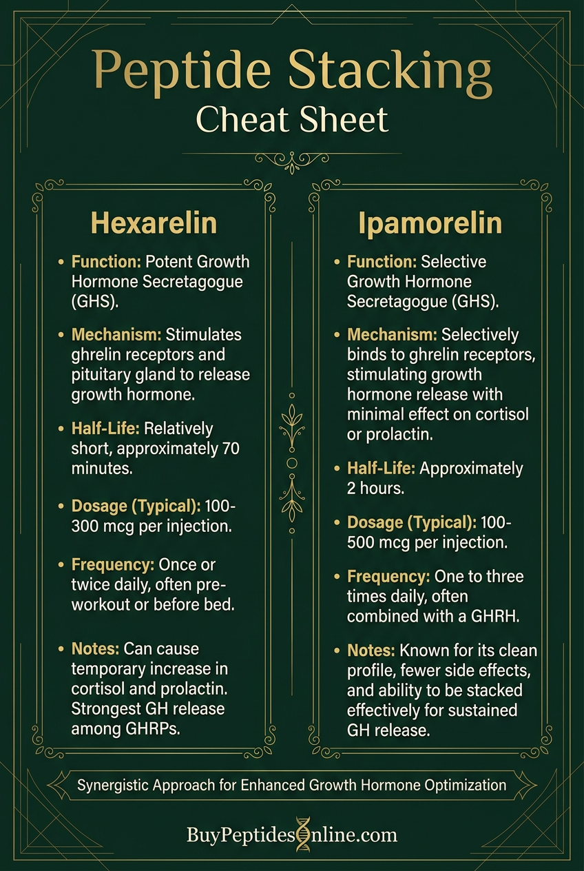 Peptide Stacking — Cheat Sheet | Hexarelin vs. Ipamorelin